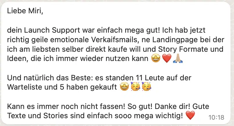 Mirjam Media Feedback Verkaufen in den Stories und Launch-Support