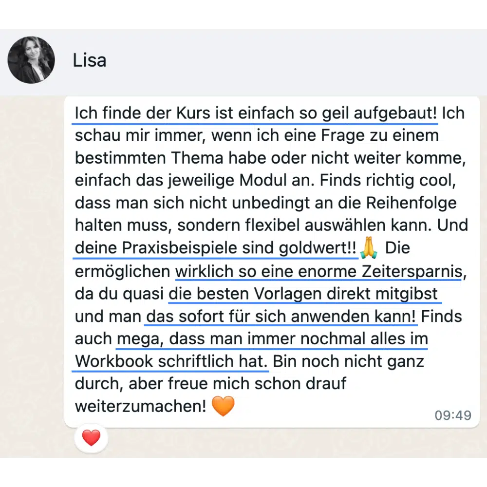 Feedback von Lisa zu STORY MAGIC - Der Story-Selling-Kurs von Mirjam Media