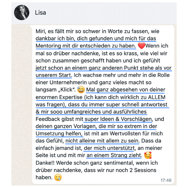 Feedback zum Instagram und Newsletter Mentoring & Coaching mit Mirjam Media.